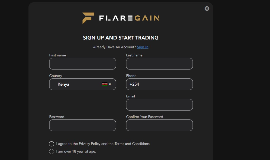 FlareGain Sign-Up Page FlareGain Sign-Up Page